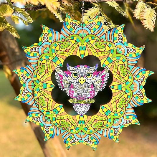 Wind Spinner Colorful Owl 12 inch 3D Stainless Steel Laser Cut Metal Double Sided Printing-Hanging Indoor/Outdoor Decorations Yard Gardening Decor,Metal Kinetic Art Ornament Gifts