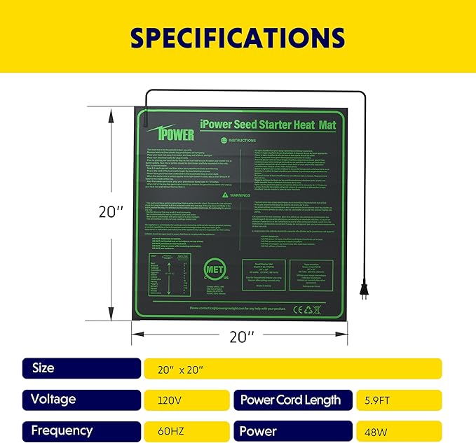 iPower 40-108 Degrees Fahrenheit Digital Heat Mat Thermostat Controller and 20" x 20" Hydroponic Seeding Warm Pad Plant Starting Kit Combo