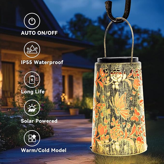 Waterproof Metal Hanging Solar Lantern, Decorative Outdoor Butterfly Light for Garden or Yard Use, Cool/Warm Lighting, 2 Pack