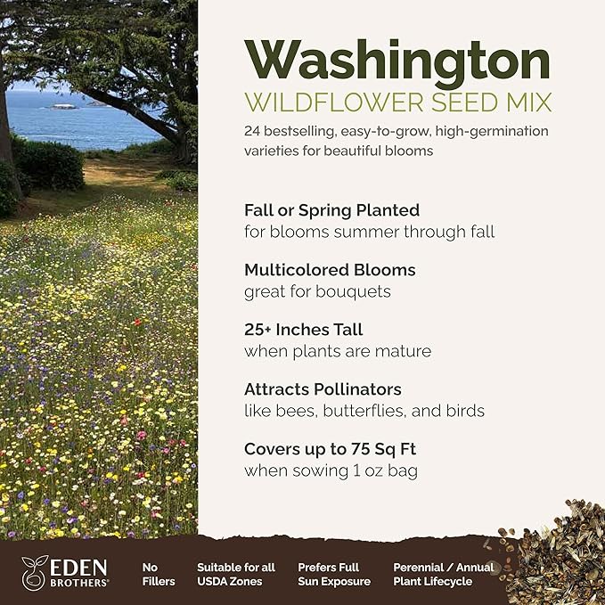 Eden Brothers Washington Wildflower Mixed Seeds for Planting, 1 oz, 30,000+ Seeds with Cosmos, Bluebell | Attracts Pollinators, Plant in Spring or Fall, Zones