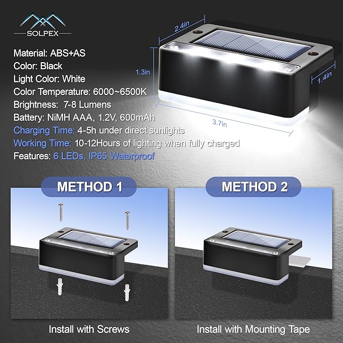 SOLPEX Solar Fence Lights, 6 LEDs Solar Lights Outdoor Waterproof Solar Powered for Deck, Stair, Front Porch, Balcony, Walkway, Garden, Yard, Patio, Pool Decor, IP65 Waterproof (12 Pack, Cold White)