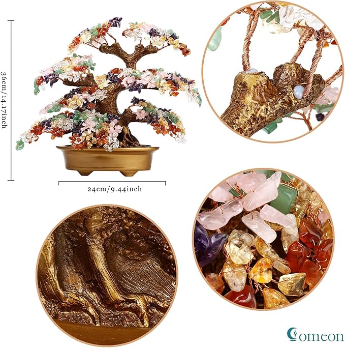 Feng Shui Money Tree Large Pine Tree Style Crystal Quartz Lucky Tree Gem Tree for Office Home Feng Shui Decoration for Wealth/Fortune and Luck (Multicolored)