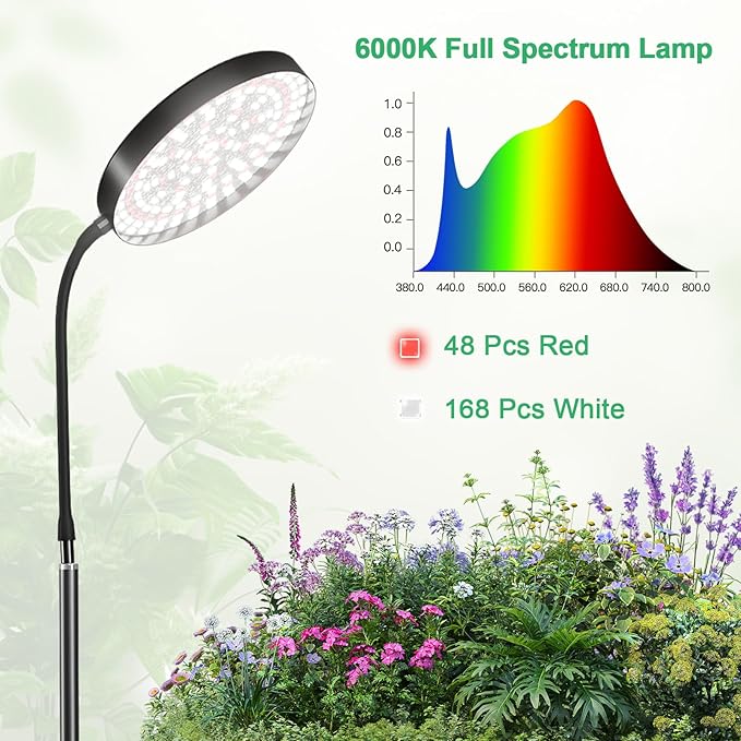 Standing Grow Light for Indoor Plants, 6000K 216 LEDs Floor Plant Growing Lamp with Stable Base for Large Plants, 4/8/12 Timer Setting & Adjustable 16-29IN, 5 Dimming Brightness