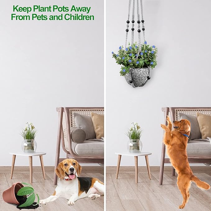 Macrame Plant Hanger for 5 to 10 Inch Plant Pots, Set of 2 Indoor Handmade 35 Inch Woven Rope Hanger Kits with Hooks and Wood Beads, Hanging Planter Basket Holder for Boho Home Decor (Grey, 2 Pack)