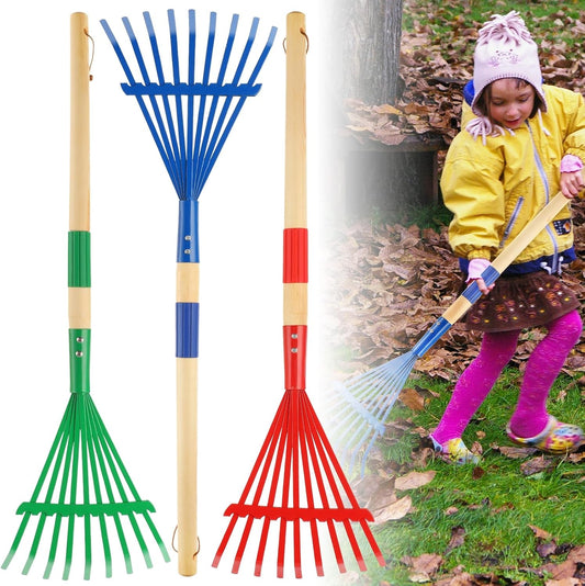 3Pcs Kids Rakes with Hardwood Handle - Metal Kids Leaves Rakes, 28" Child Size Lawn Rakes, Garden Tool Set for Kids Boys and Girls