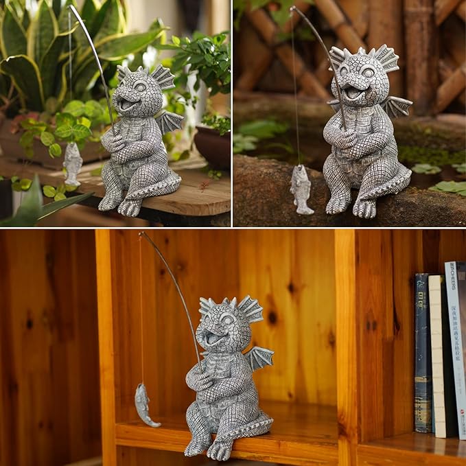 Goodeco Dragon Statue Garden Decor - Adorable Baby Fishing Dragon Figurines Outdoor Statues for Koi Pond/Fairy Garden Accessories,Gardening Gifts for Women 5.1 * 8.5 in