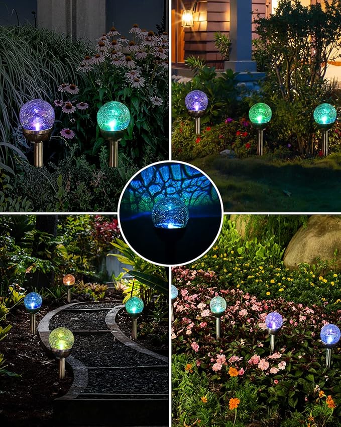 3 Pack Color Changing Outdoor Solar Landscape Lights - Waterproof Cracked Glass Ball LED Pathway Lights for Patio Garden Pathway Decoration