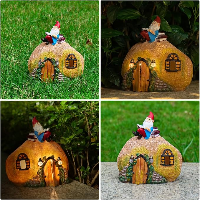 mopha Garden House Statues, Funny Gnome Fairy Garden Lights Figurine,Resin Solar Powered Outdoor Decor Patio Yard Lawn Ornament Decoration