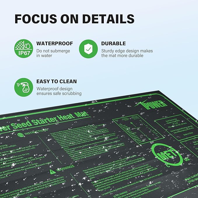 iPower Durable Waterproof Seedling Heat Mat Warm Hydroponic Pad for Efficient Seed Starting, Greenhouse Use, and Germination, 10" x 20", Black