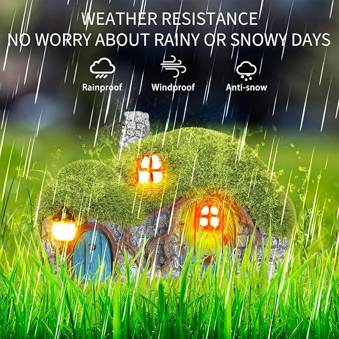 Outdoor Figurine Lights Garden House Statue - Outdoor Statues with Solar Lights Garden Cottage Lighting Figurines for Home or Yard Decor