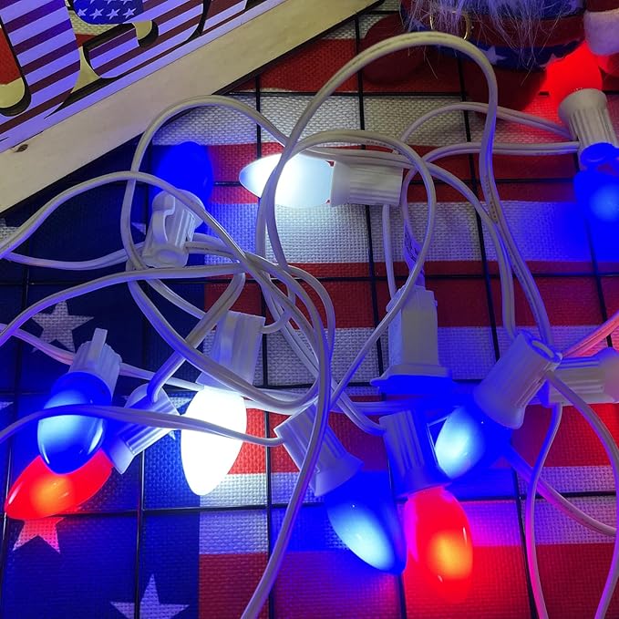 4th of July Decorations Lights, 25Ft C7 Outdoor Red White and Blue String Lights with 27 Shatterproof LED Bulbs, Hanging Patriotic Decorations Light for Indoor Independence Day Patio Garden Backyard