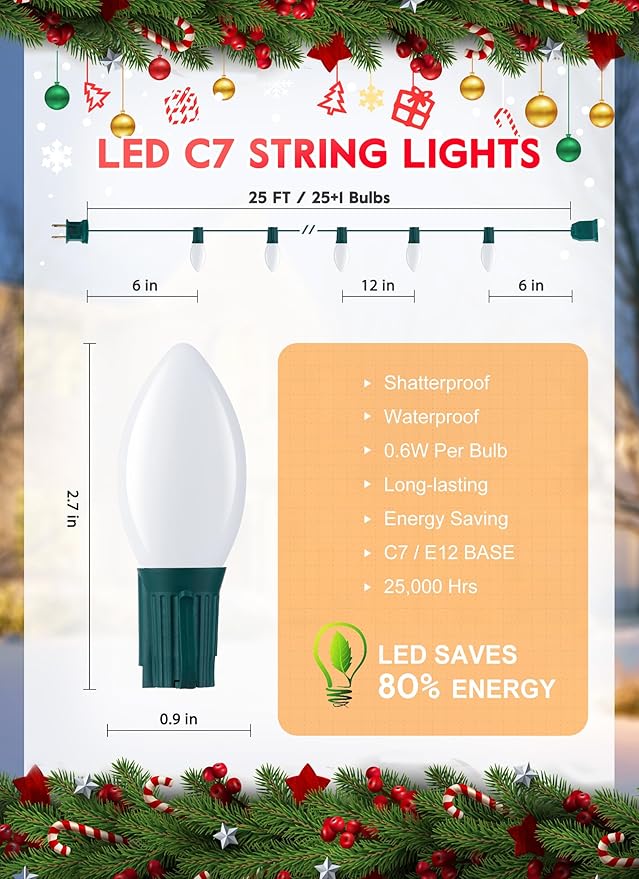 C7 Pure White LED Christmas Lights, 25Ft Vintage String Lights with 25+1 Plastic Bulbs, E12 Candelabra Base, Outdoor Retro Style Hanging Lights for Xmas Patio Fence Roofline Holiday Decorations