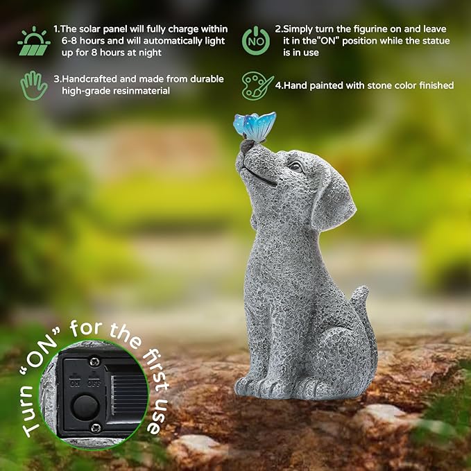 Solar Garden Outdoor Statues Dog with Butterfly Lights, Lawn Decor Puppy Figurine for Patio Balcony Yard, Yard Unique Christmas Birthdays Gift for Mom Grandma