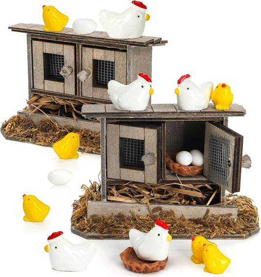 Nicunom 20Pcs Miniature Retro Wooden Chick Coop, Mini Family Chickens, Hen, Chick, Egg, Chicken Nest Ornament for Fairy Garden Accessories, Micro Landscape Lawn Decor