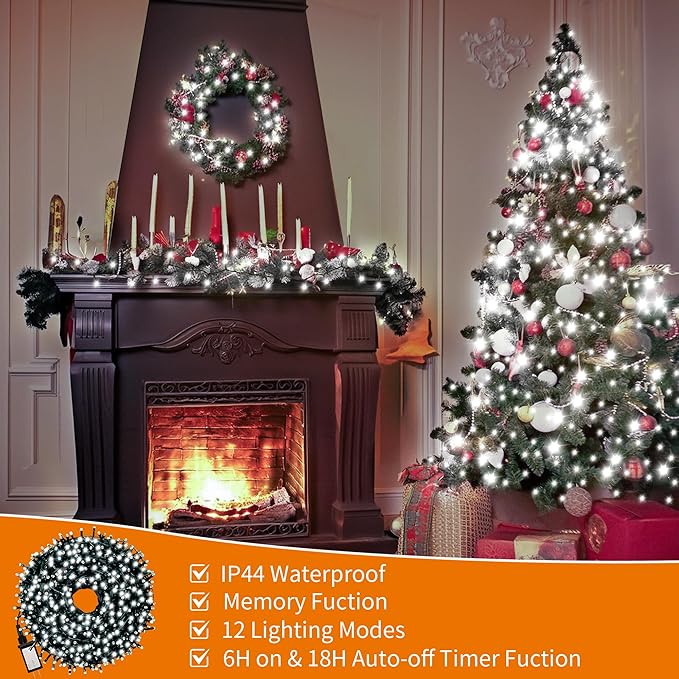 Christmas Light 1000 LEDs 336ft Green Cable Wire Fairy String Tree Twinkle Lights Plug in 12 Modes for Christmas Party, Outdoor, Garden, Wedding, Home Decoration (White)