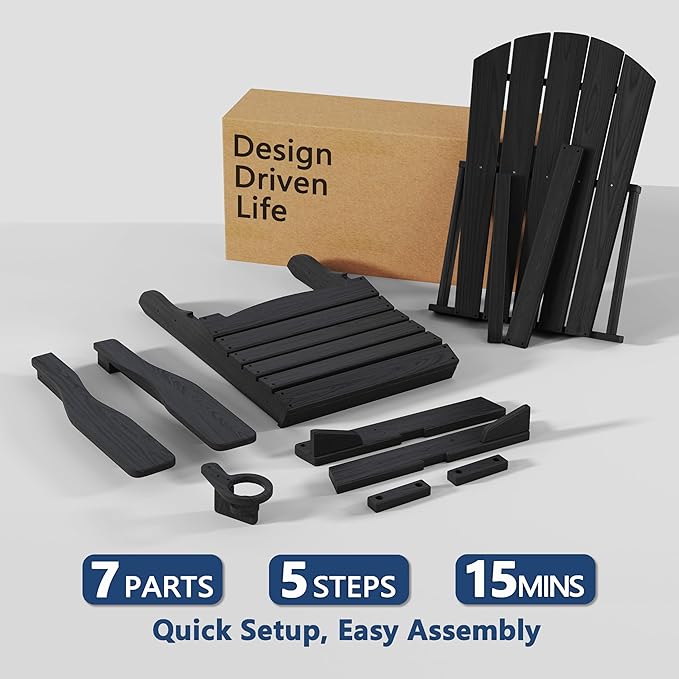 Folding Adirondack Chair Set of 3 with Cup Holder, HDPE All Weather Resistant Plastic Outdoor Patio Chairs, Heavy Duty Fire Pit Seating for Backyard Lawn Garden, Wooden Textured Design(Black)