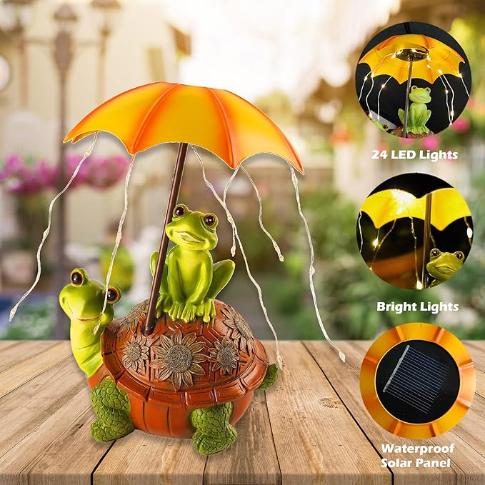 Solar Garden Outdoor Statues Turtle Frog Outdoor Figurine Lights with Umbrellas Fairy Garden Accessories Tortoise Statue Lawn Decor for Patio, Balcony, Yard Ornament Art Housewarming Gifts