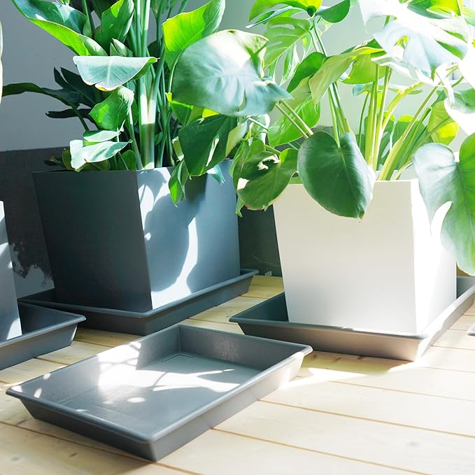 Square Plant Saucer 16 Inch 2 Pack, Plant Stand Plant Trays for Pots Heavy Duty Gray Plastic Plant Saucers for Indoors Outdoors, Flower Pot No Holes Plant Lover Gardening Gifts