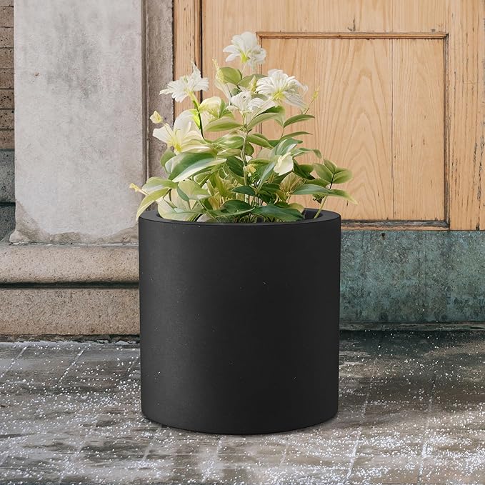 Kante 15.7" Dia Round Concrete Planter, Modern Style Large Cylindrical Plant Pot with Drainage Hole and Rubber Plug for Indoor Outdoor Patio, Black