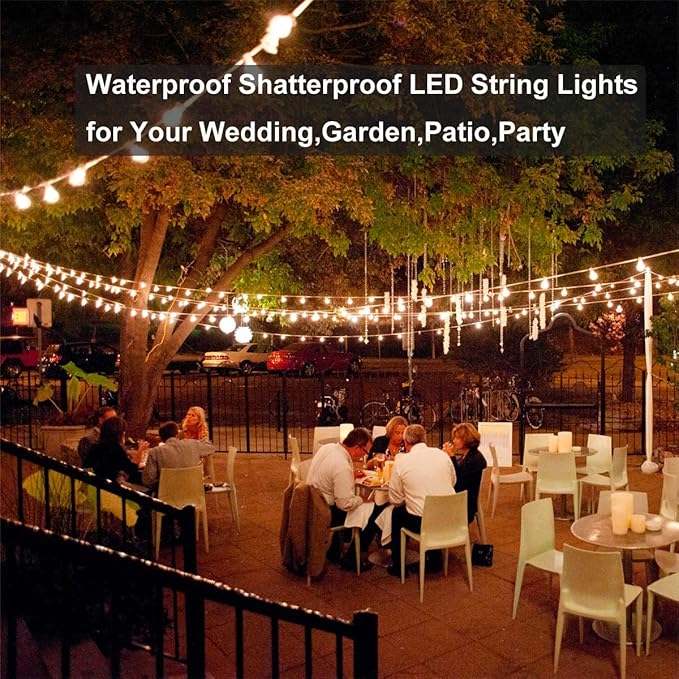2-Pack 25Ft Outdoor LED String Lights with 50+4 Shatterproof LED Clear Plastic Globe Bulbs,Commercial Lighting for Patio Cafe Porch Bistro Party Wedding Christmas Indoor/Outdoor Decoration,White Wire