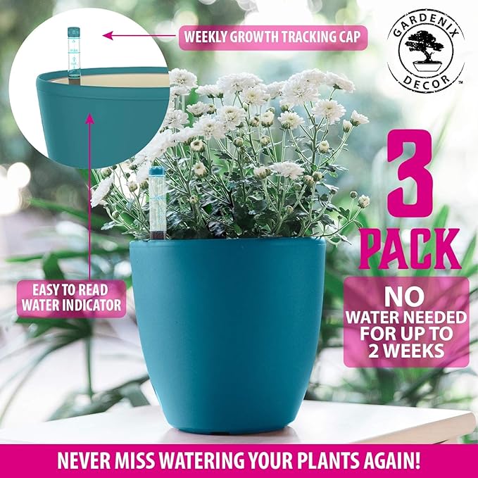 GARDENIX DECOR Self Watering Pots for Indoor Plants 3 Pack - Flower Pot with Water Level Indicator for Plants, Grow Tracking Tool - Self Watering Planter Plant Pot - Coco Coir - Teal