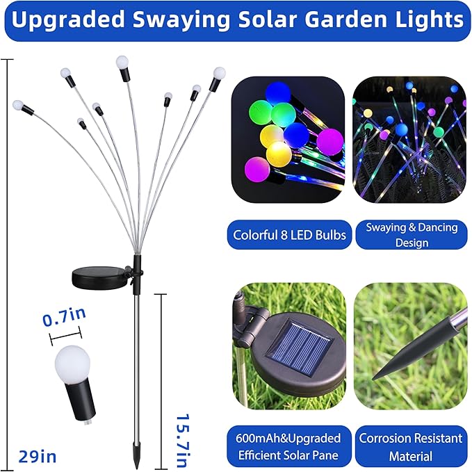 Zavothy Solar Garden Lights, Christmas Decorations Solar Fairy Lights Outdoor Waterproof, 4 Pack 32LEDs Sway by Wind, Dancing Fireflies Lights for Garden Decor Yard Patio Pathway Decoration