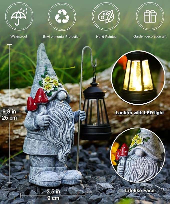 Solar Gnome Statue for Outdoor Decor: Outside Garden Sculpture for Yard Lawn Balcony Patio Porch- Birthday Gifts for Mom Women Grandma