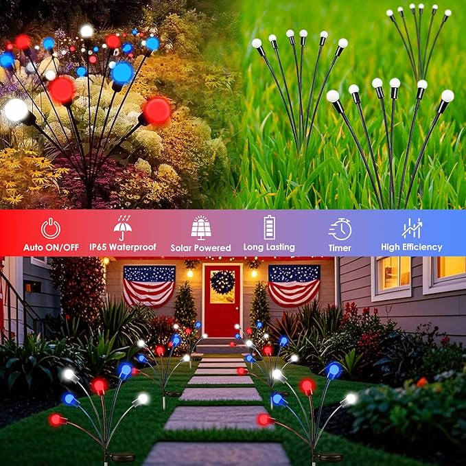 OZS 4pack Solar American Flag Lights - 4th of July Solar Garden Outdoor Waterproof Firefly Light for Memory Day, Independence Day, National Day Decoration (Red White Blue)
