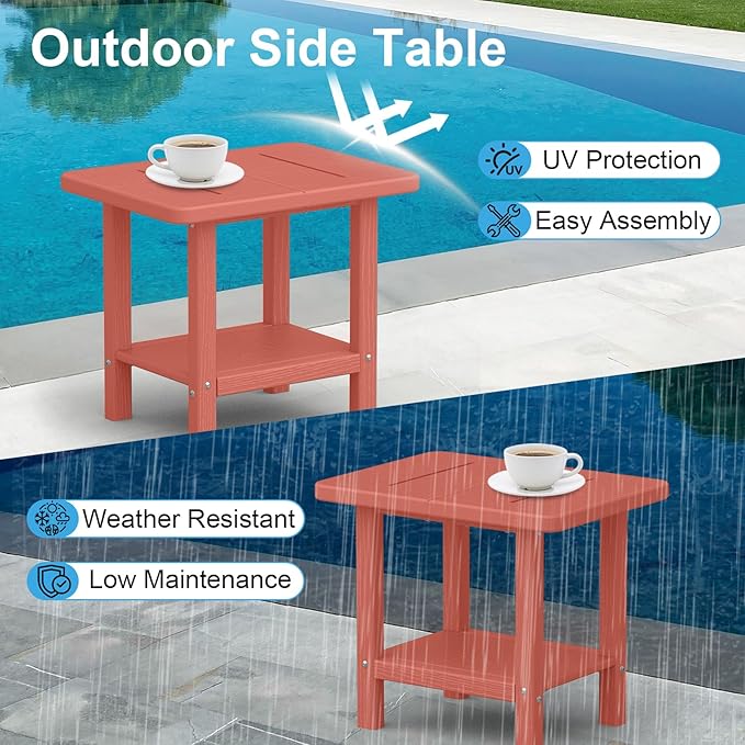 Outdoor Side Table - 2-Tier Storage All Weather Outdoor End Table for Patio - HDPE Morden Easy Maintenance Adirondack Side Table for Pool Porch Balcony Garden Lawn Backyard Outside Indoor