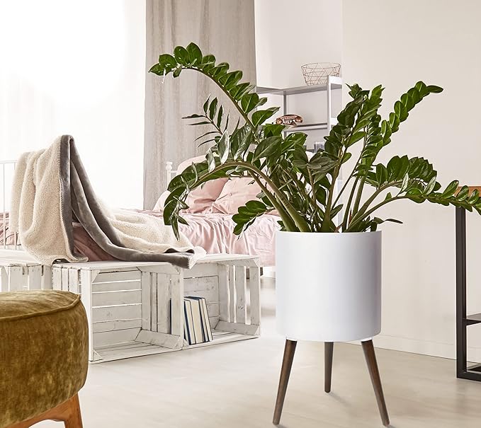 D'vine Dev 14 Inch Planter Pot with Stand, Mid-Century Tall Plant Pot with Legs for Indoor Plants, X-Large, White, 88-O-D-1