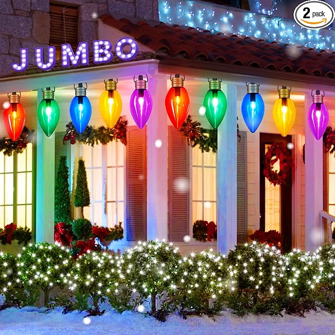 2 Pack Super Jumbo Christmas String Lights or Pathway Marker Lights, Outdoor Xmas Decorations- 11Ft 5 LED Jumbo C9 Hanging Lights Waterproof Lawn Dec for Holiday Home Tree Roof Yard Garden, Multicolor