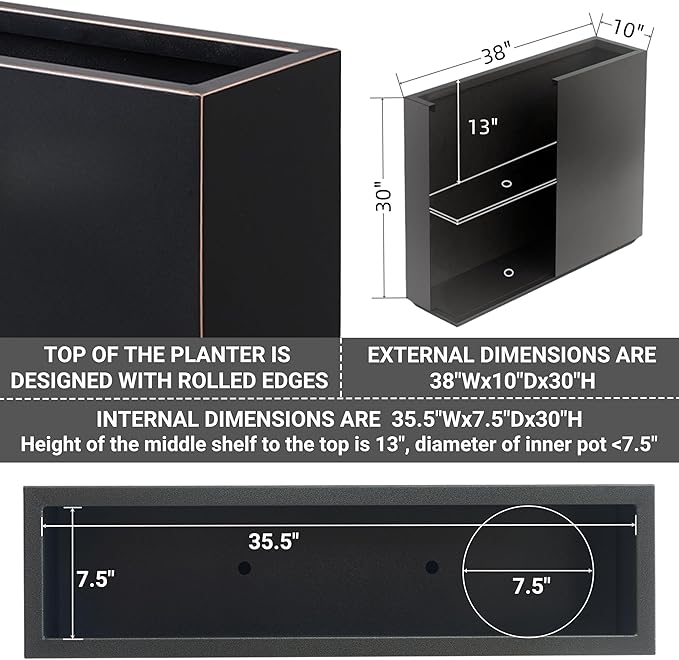 Metallic Heavy Planter for Outdoor Plants, 38Lx10Wx30H Inches Tall and Long Metal Divider Planter Box with Hand Brushed Gold Edge for Outside & Indoor, No Assembly (Black)
