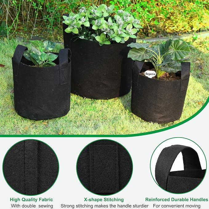 JERIA 12-Pack 15 Gallon, Vegetable/Flower/Plant Grow Bags, Aeration Fabric Pots with Handles (Black), Come with 12 Pcs Plant Labels