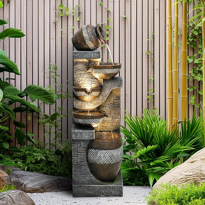 SunJet 5-Tiers Indoor/Outdoor Garden Water Fountain - 42.5inches Modern Floor-Standing Cascading Water Feature - Suitable for Deck, Patio, Porch, Yard Decor