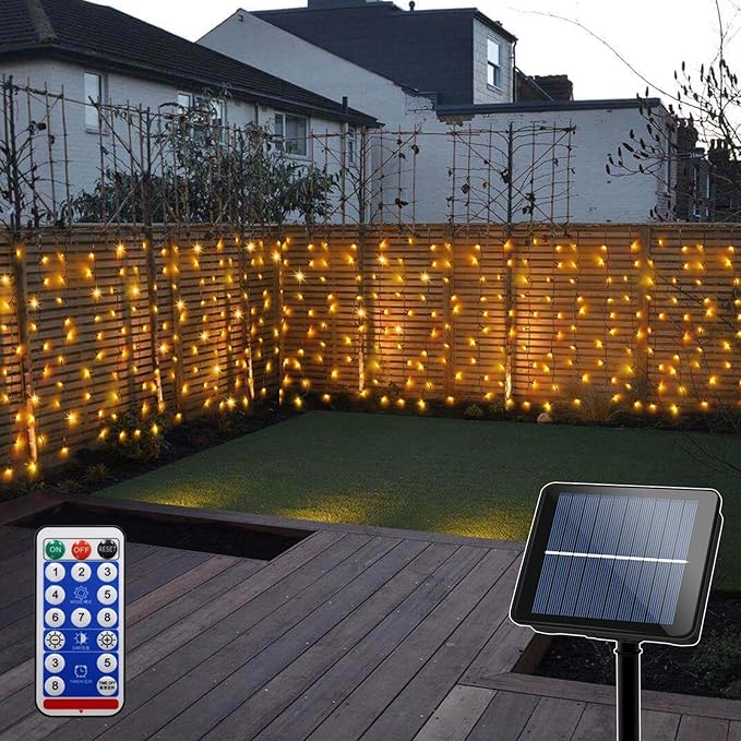 Solar Powered Curtain Lights 33ftx 3ft 500 LED Outdoor Curtain Lights Waterproof with Remote Timer for Garden Patio Fence Wedding Wall Gazebo Decor - Warm White