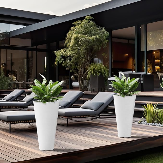 Kante Tall Round Planter Set of 2, 23 Inch Tall Decorative Planter Pots for Outdoor Indoor Garden Patio Front Porch (White)