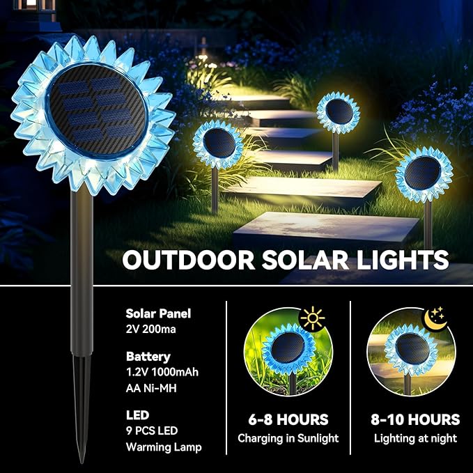 Outdoor Solar Lights, 2 Pack Led Solar Sunflower Lights, Stake/Wall 2-in-1 Waterproof Solar Garden Lights for Yard, Landscape, Fence, Patio, Driveway, Pathway, Backyard Decoration (Warm White)