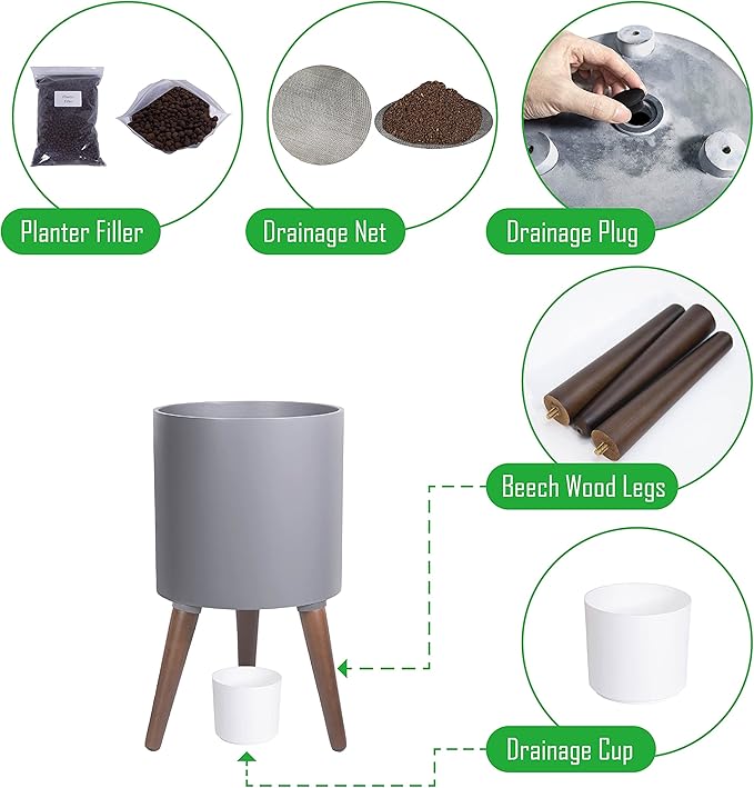 D'vine Dev 10 Inch Planter Pot with Stand, Mid-Century Tall Plant Pot with Legs for Indoor Plants, Medium, Grey, 88-O-B-3