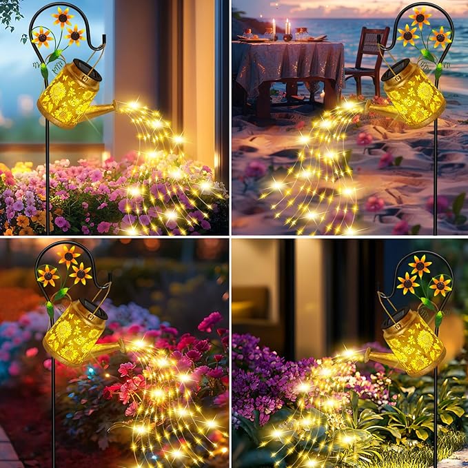 Solar Watering Can Lights Outdoor Garden Decor, Large Sunflower Hanging Lantern with Shepherd Hook, Yellow LED, Gold Finish, Floral Theme, Outdoor Decoration, Parties, Occasions
