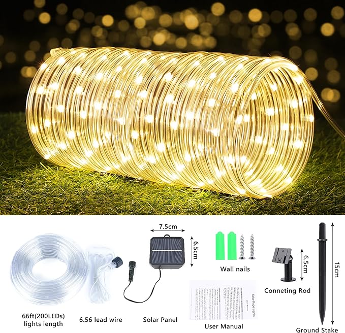 Solar Rope Lights, 2 Packs 66ft 200LED Solar String Lights, 8 Modes Waterproof Solar Powered Outdoor Lights, Flexible Clear Tube Light for Garden, Backyard, Patio, Deck, Pool,Tree Decor - Warm White