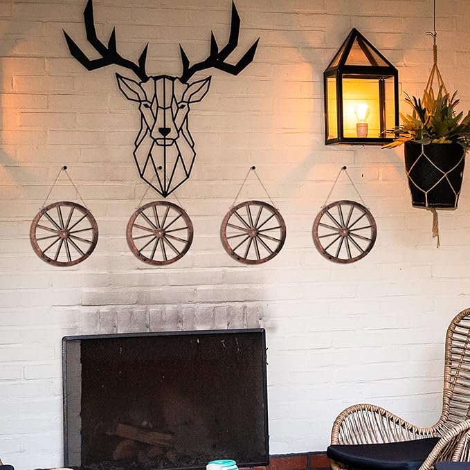 Qunclay 4 Pcs Wooden Wagon Wheel Wall Decor Old Western Wood Boho Wall Art Farmhouse Boho Wagon Wheels Rustic Yard Decor Wood Hanging Decorations for Garden Home Bar Garage (10 Inch)