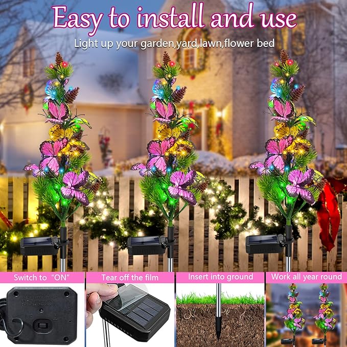 Solar Garden Lights Outdoor Waterproof Butterfly Stake Lights, 4 Pack Solar Lights Gifts for Mom Women Holiday Yard Front Porch Pathway Graveyard Cemetery Garden Patio Decor