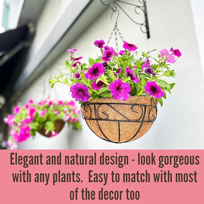 LaLaGreen Hanging Planter for Outdoor Plants (6 Pack, 10 Inch) Hanging Baskets with Coco Liner, Metal Wire Flower Basket Pots with Hook Hanger Balcony Porch Farmhouse Country Style Garden Decor