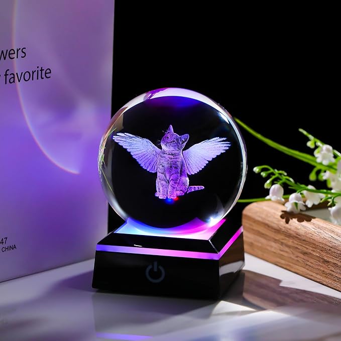 Qianwei Cat Memorial Gifts for Loss of Cat - Pet Memorial Cat Angel Statue 3D Crystal Engraved Office Decor - Remembrance Bereavement Passing Away Sympathy Gifts in Memory of Death