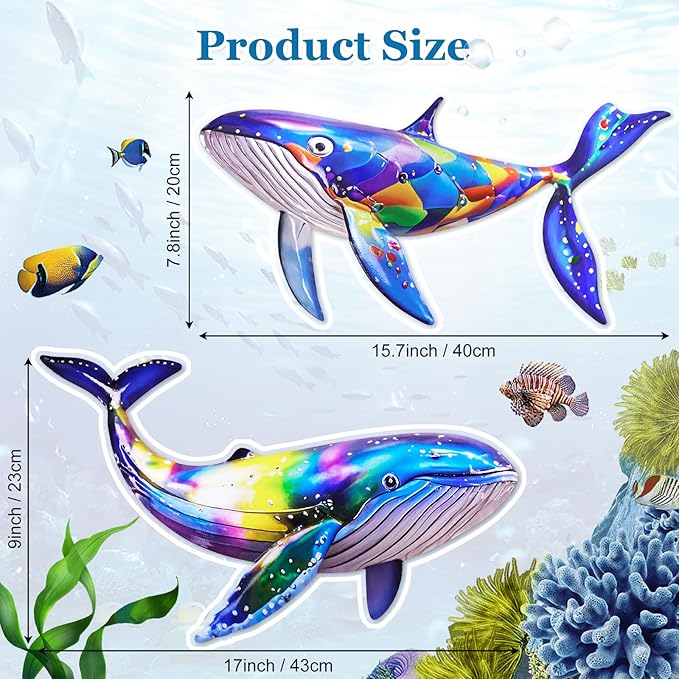 ULENDIS 2 Pack Metal Whales Wall Decor, Bright Color Nautical Metal Fish Wall Art, Wall Hanging Decorations Ocean Theme Outdoor Wall Decor for Patio Garden Yard Pool Fence