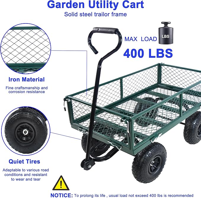 Heavy Duty 400 Lbs Capacity Mesh Steel Garden Cart Folding Utility Wagon with Removable Sides Multi-Purpose