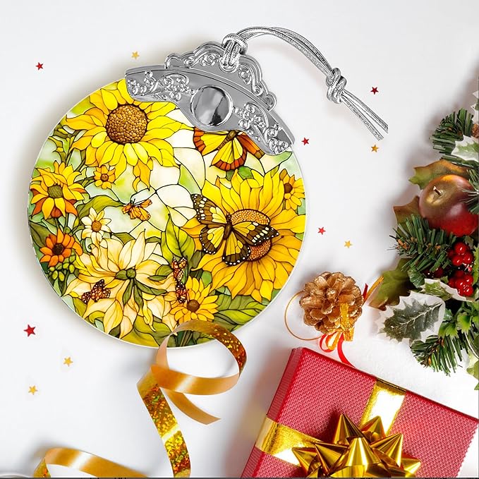 Stained Glass Suncatcher, Jocidea Sunflower and Butterfly Decor, Christmas Ornament, Holidays Ornaments, Christmas Tree Ornament, Sunflower and Butterfly Gifts