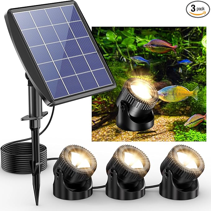 POPOSOAP Solar Pond Lights, 3-in-1 Warm White Underwater Pond Lights, IP68 Waterproof LED Landscape Spotlights for for Pond, Garden, Patio, Fountain, Pool, Waterfall Decoration(3 Head Lamp)