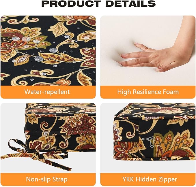 Square Corner Seat Cushions, 19" x 19" x 3", Set of 4, Indoor Outdoor Water Repellent Universal Chair Pads with Ties for Patio Furniture, Garden Deck Dining Chairs, Red Yellow Vine Flower