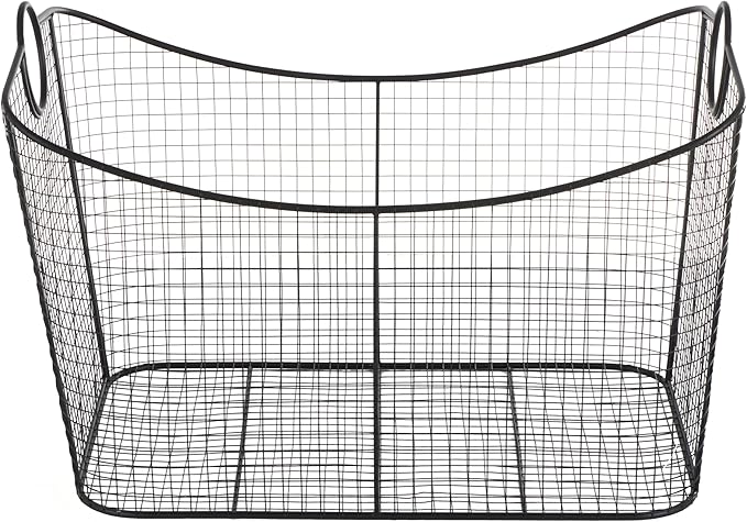 Deco 79 Metal Large Open Frame Wire Grid Storage Basket with Curved Sides and Ring Handles, 30" x 20" x 20", Black